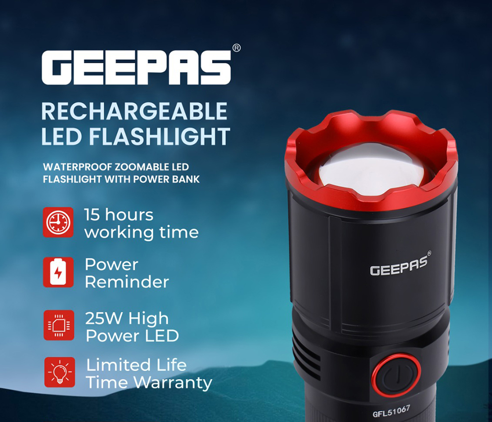 Geepas GFL51067 Rechargeable Zoomable LED Flashlight and Torch Light with Power Bank