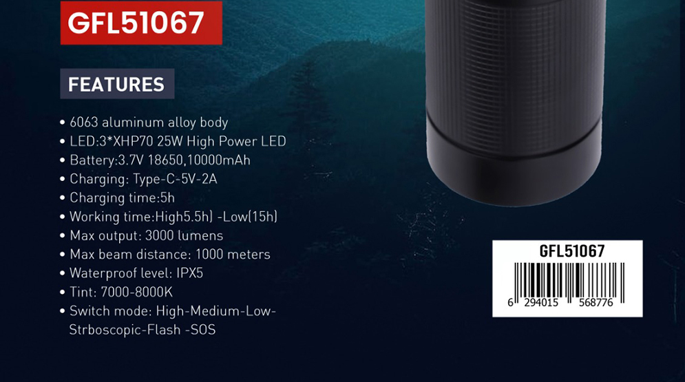 Geepas GFL51067 Rechargeable Zoomable LED Flashlight and Torch Light with Power Bank