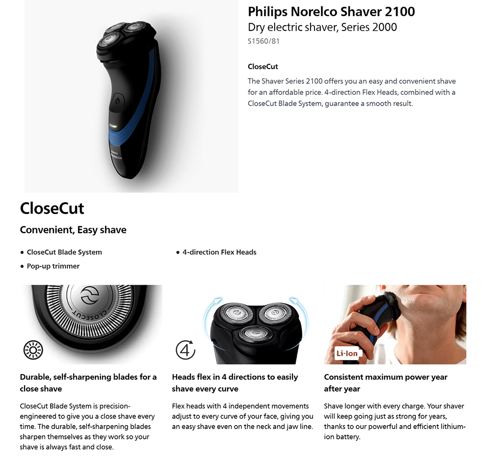 Philips S1560/81 Norelco Dry Electric Shaver Series 2000 for Men