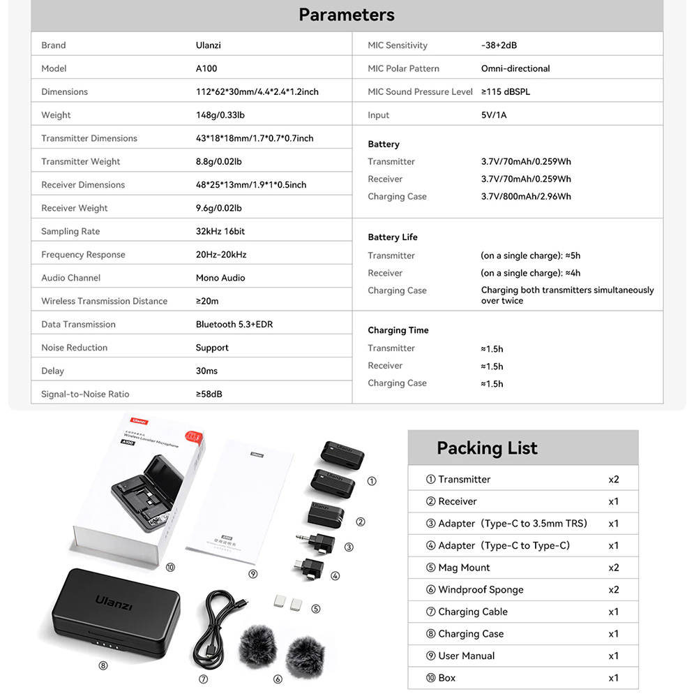 Ulanzi A100 Wireless Lavalier Microphone