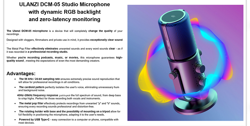 Ulanzi DCM-05 Studio USB Desktop Condenser Microphone with Dynamic RGB Backlight