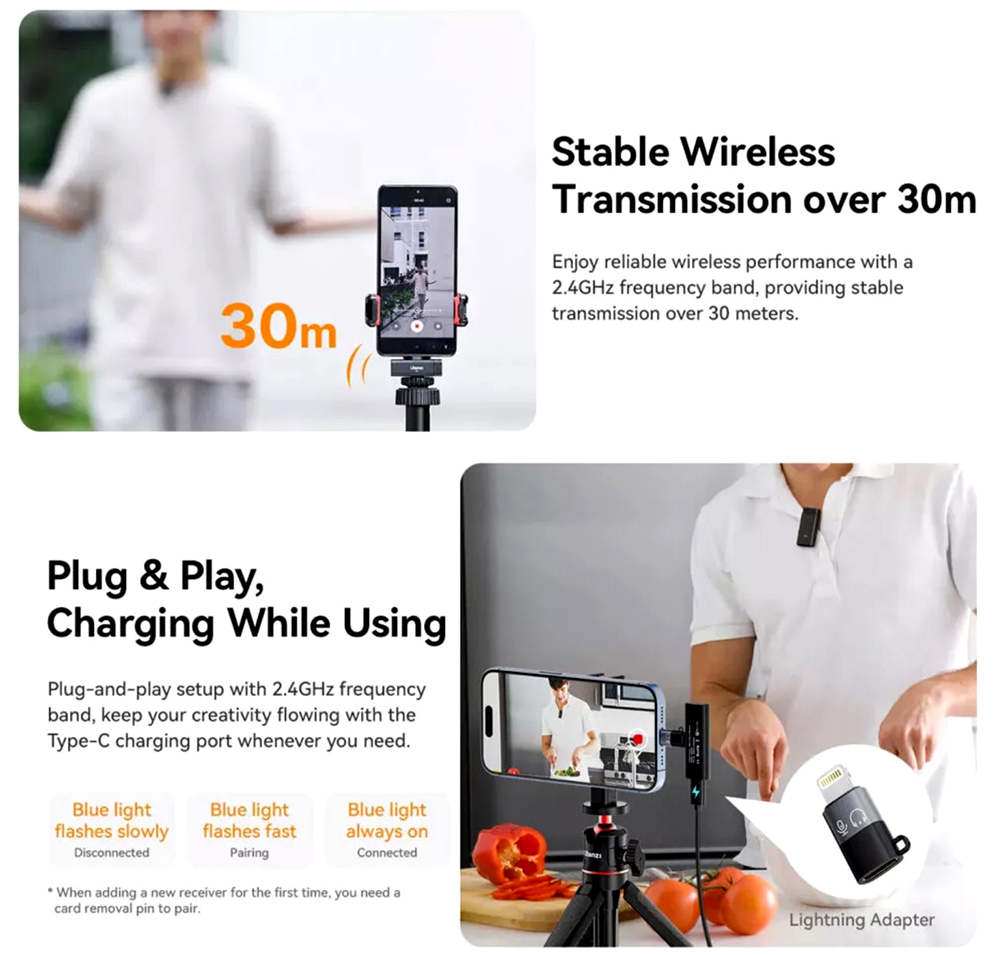 Ulanzi HM2301 Dual-Emitting Multi-Device Wireless Lavalier Microphone