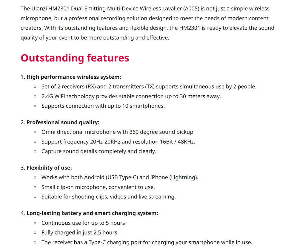 Ulanzi HM2301 Dual-Emitting Multi-Device Wireless Lavalier Microphone