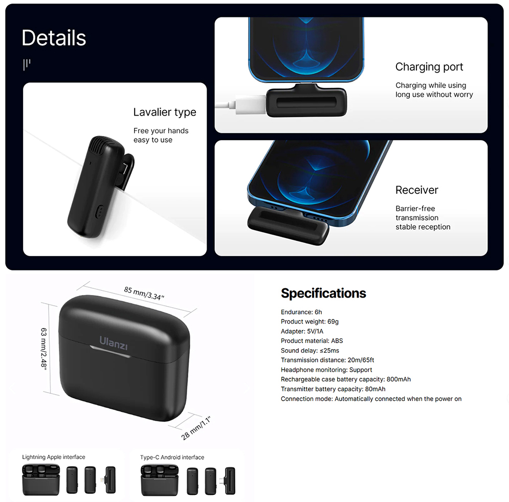 Ulanzi J12 Wireless Lavalier Microphone for iPhone iPad