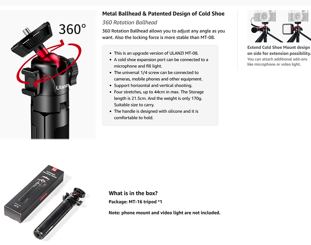 Ulanzi MT-16 Mini Camera Tripod and Selfie Stick with Cold Shoe