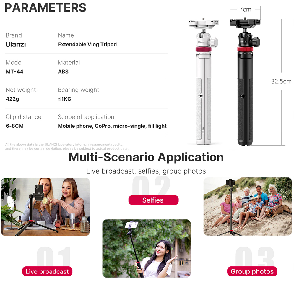 Ulanzi MT-44 Extendable Vlog Tripod and Selfie Stick Vlog Stand