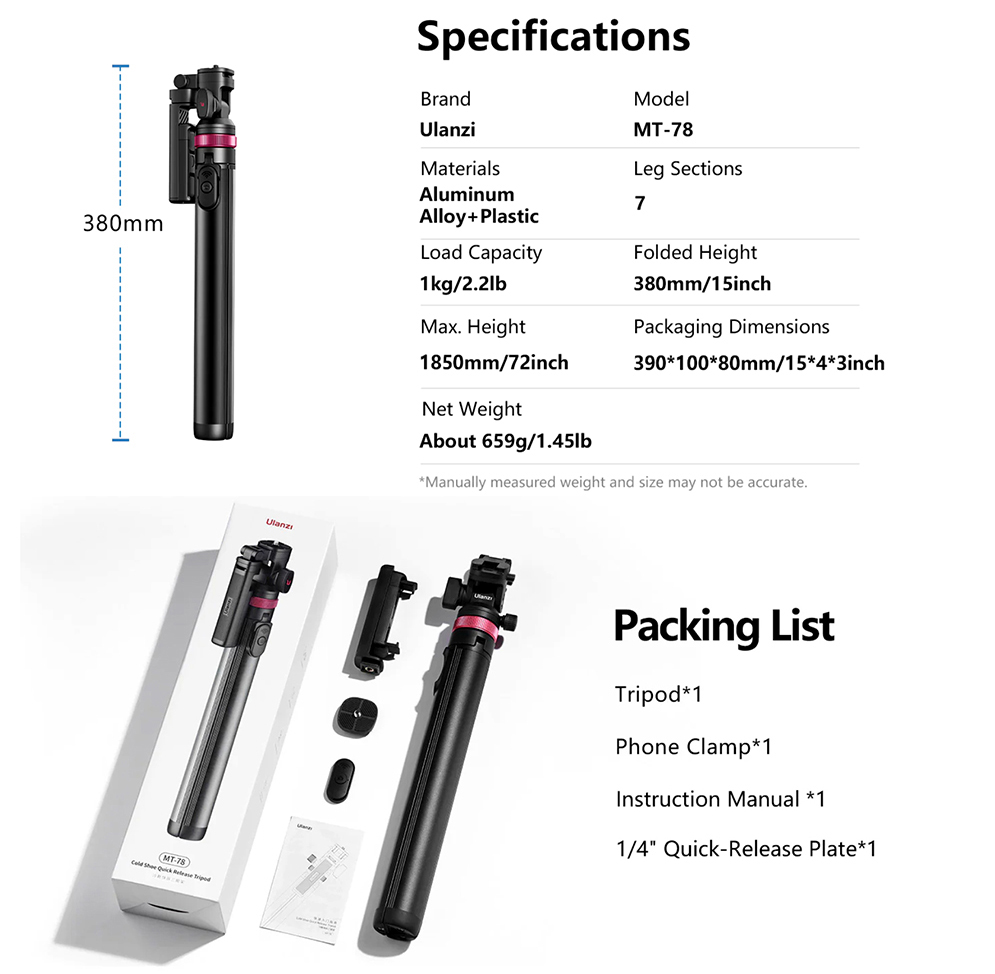 Ulanzi MT-78 Quick-Release Extendable Tripod with Cold Shoe Mount