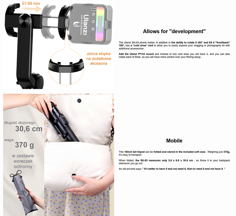 Ulanzi SK-03 Selfie Stick Tripod with Bluetooth Remote Control