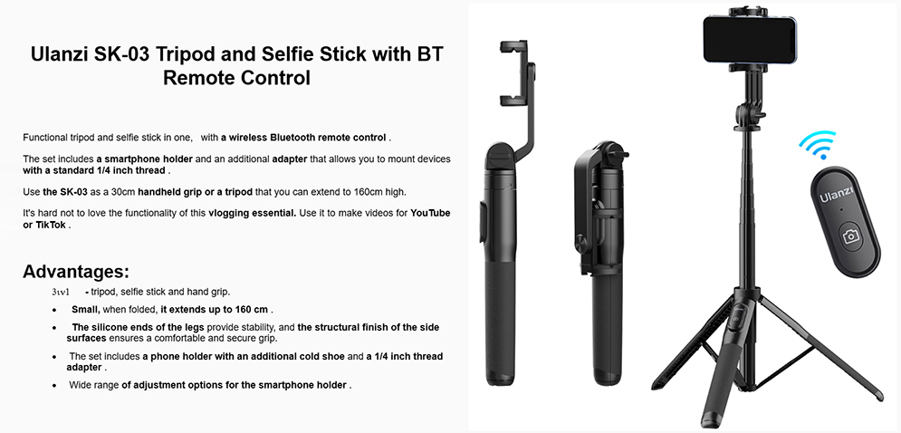 Ulanzi SK-03 Selfie Stick Tripod with Bluetooth Remote Control