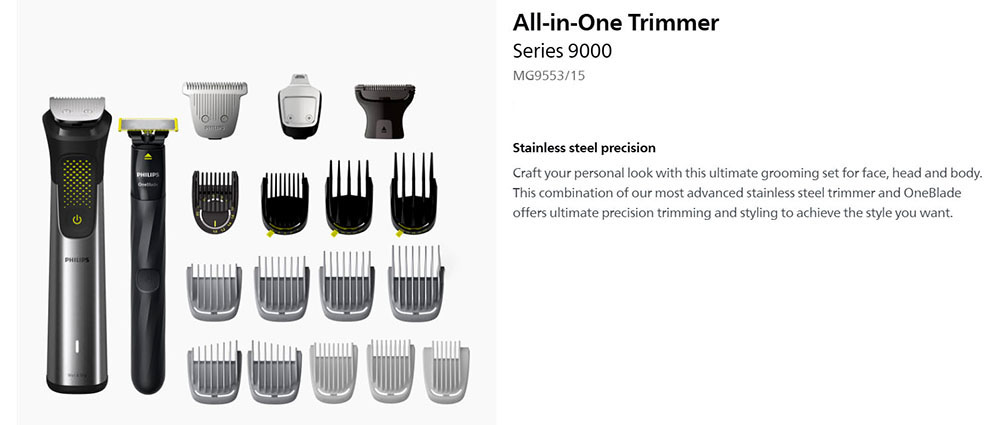 Philips MG9553/15 All-in-One Face, Hair & Body Grooming 20-in-1 Trimmer Set Series 9000 for Men