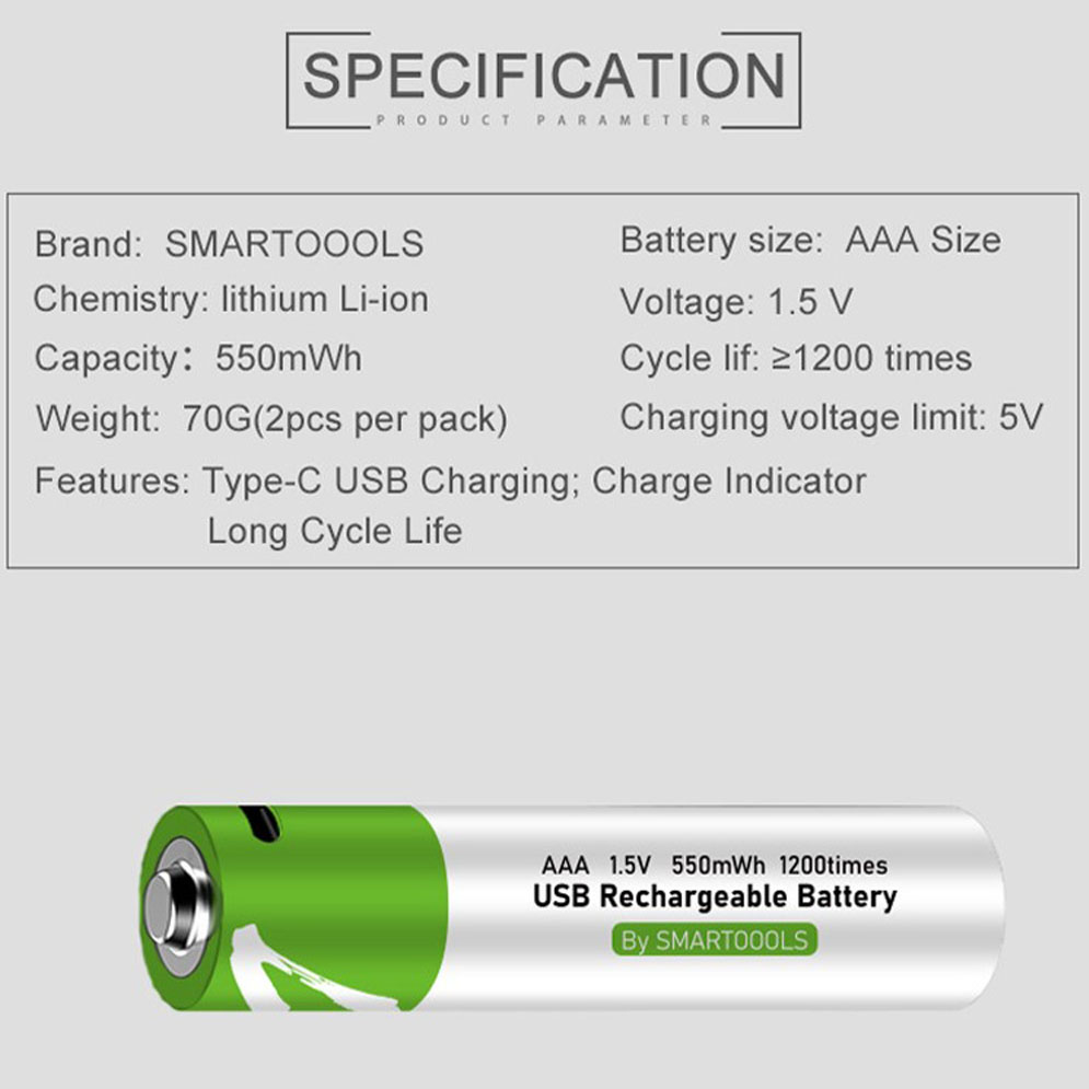 SmarToools AAA Lithium-ion Rechargeable Battery 1.5V (4Pcs-Set) With Type C Cable